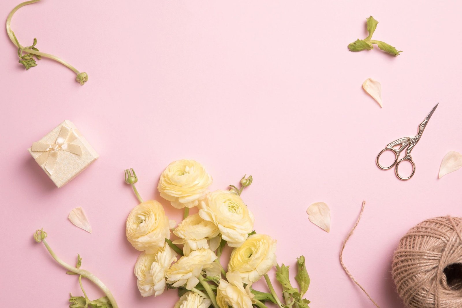 Pastel pink floral flat lay background