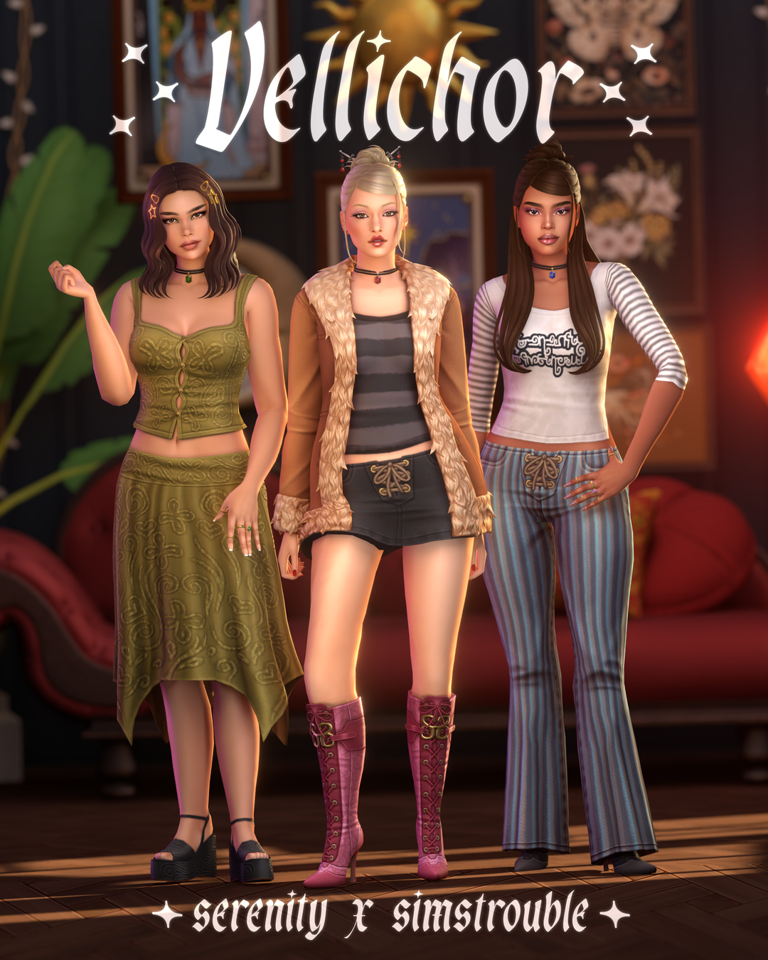 Three Sims modeling the Vellichor whimsigoth collection by Serenity and Simstrouble