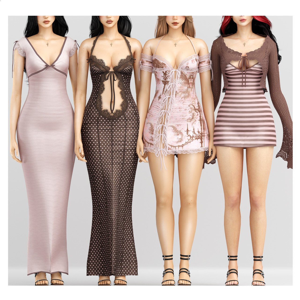 Four Sims wearing the Cinnamon Lace Collection dresses by Babyetears