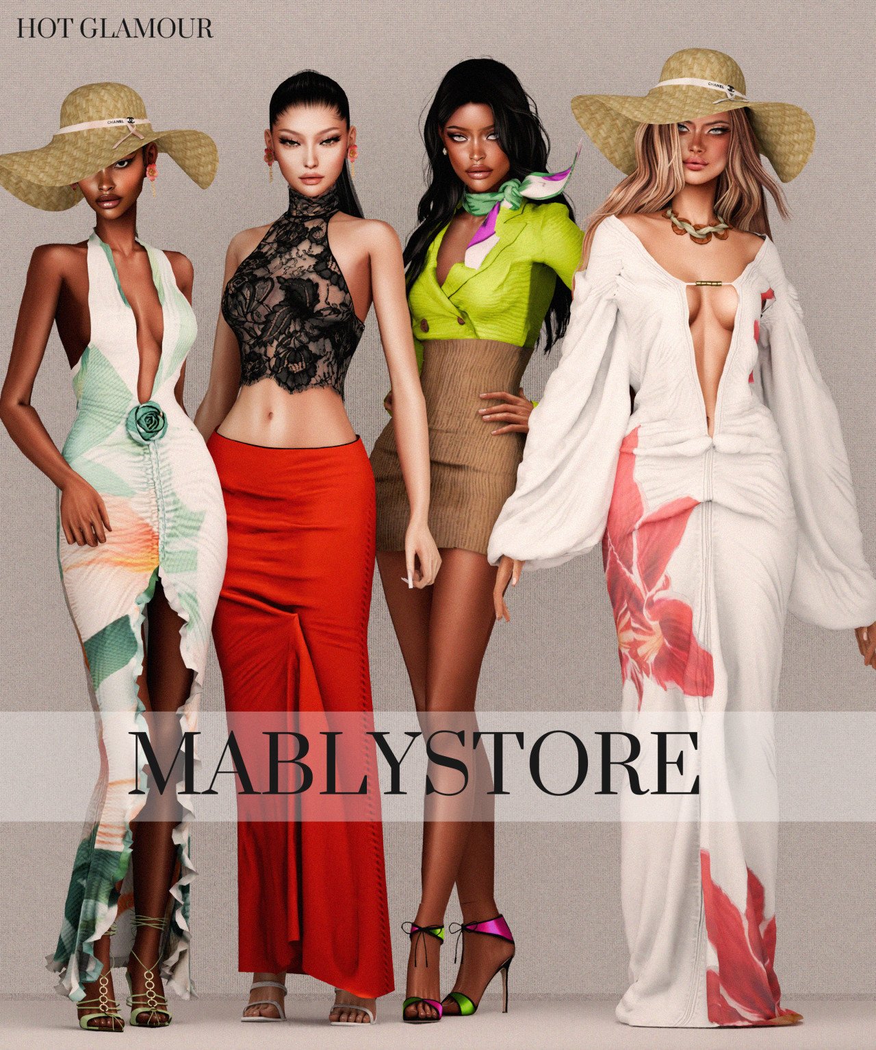 Four Sims modeling the Hot Glamour fashion collection by Mably Store
