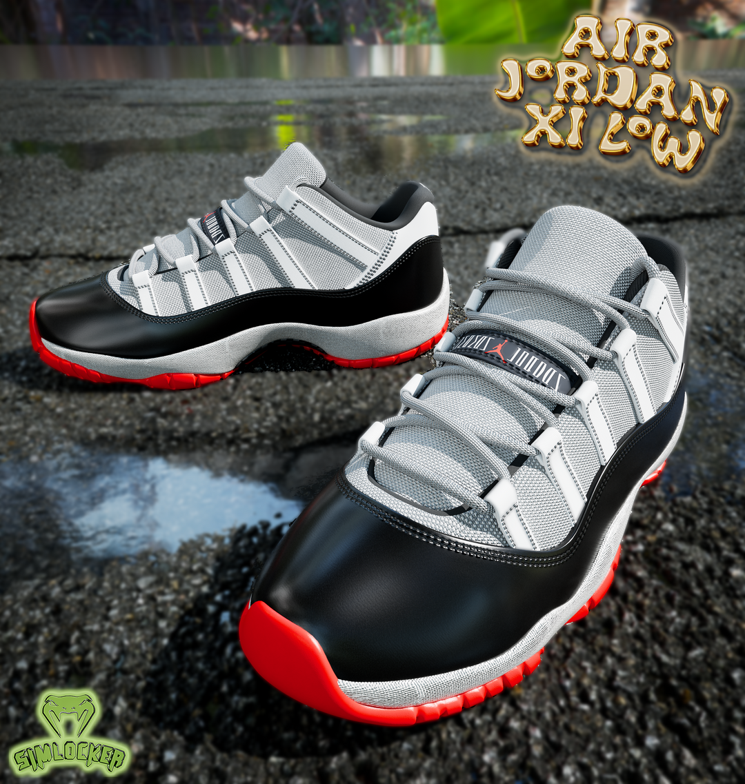 Air Jordan XI Low grey and black sneakers with red soles by SimLocker