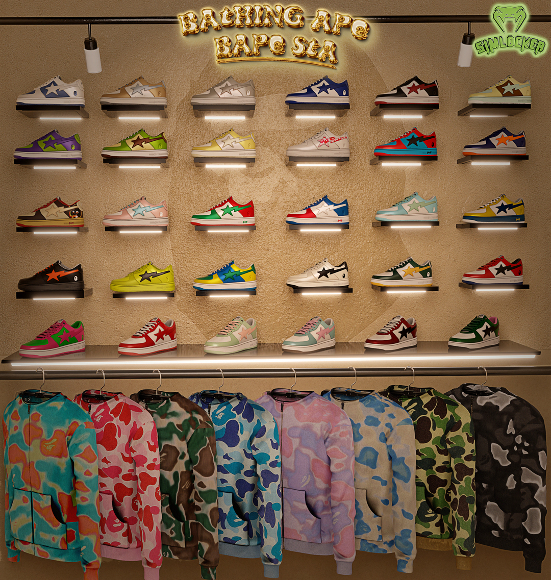 BAPE STA sneakers and patterned zip up hoodies by SimLocker