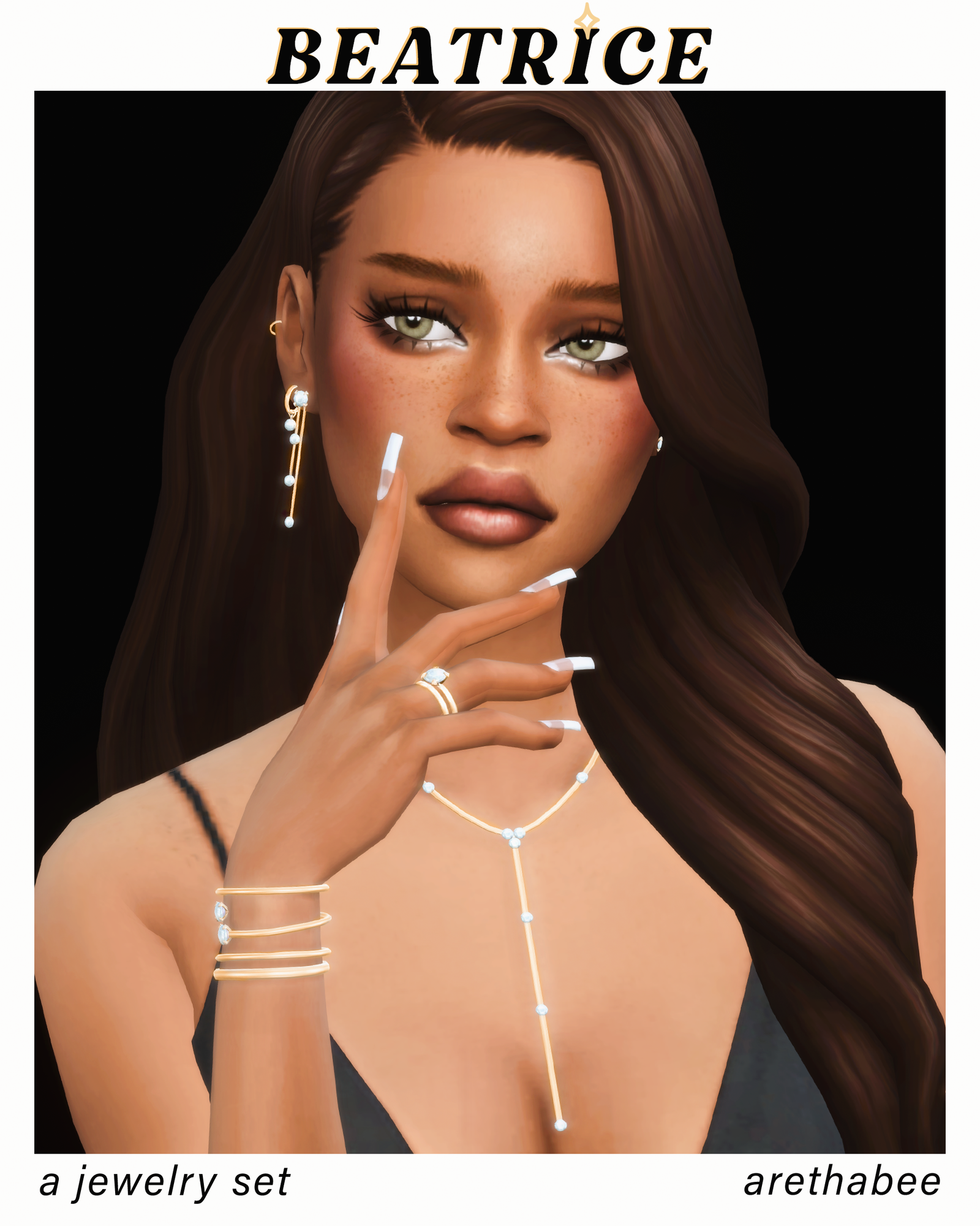 Earrings, necklace, bracelets and rings from arethabee&rsquo;s Beatrice jewelry set