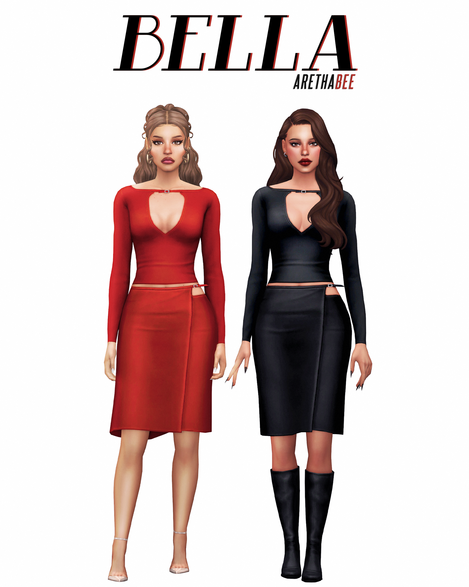 Red and black long-sleeve tops and midi skirts from arethabee&rsquo;s Bella Set