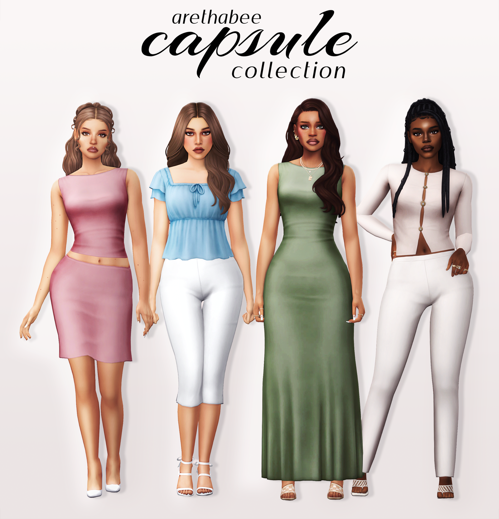 Four Sims showing outfits from arethabee&rsquo;s Capsule Collection