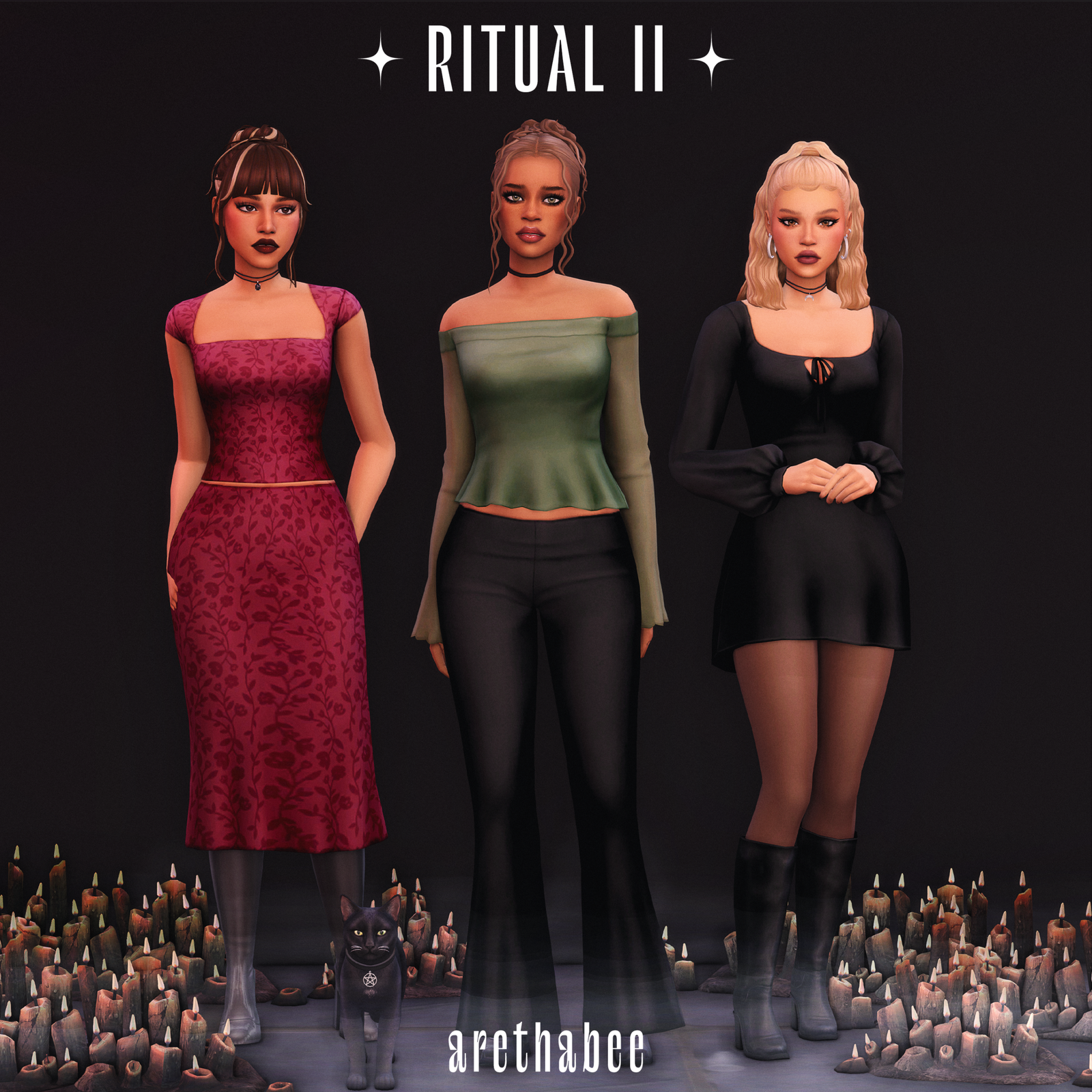 Three Sims modeling witchy clothing from arethabee&rsquo;s Ritual II Collection
